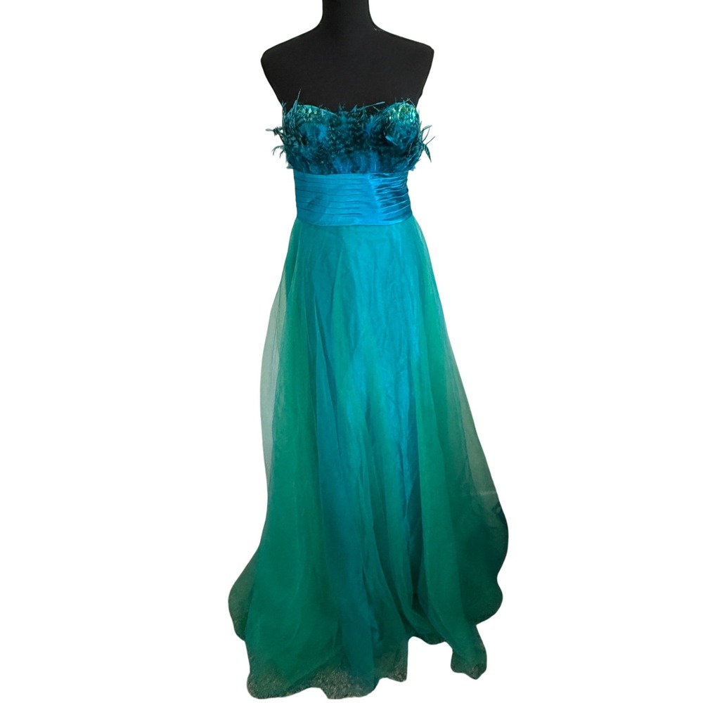 Pink by Alexia Designs Teal Feather Sequin Tulle Strapless Gown Dress 14 Formal
